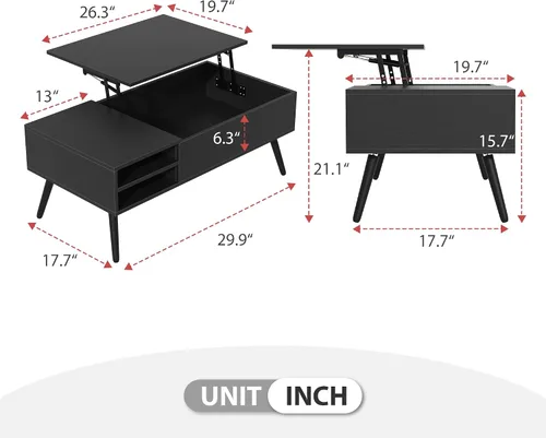 Vista 2 de Mesa de centro moderna con tapa elevadora con almacenamiento oculto para sala de estar, mesa de piso con elevador, mesa central de madera