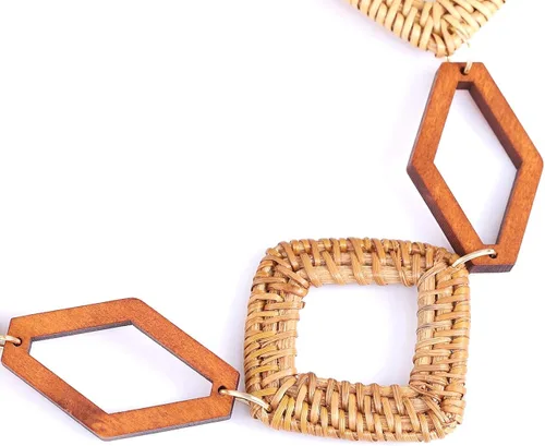 Vista 3 de LENOOCLE Long Necklaces for Women Bohemian Geometric Rattan Pendant Necklace Wood Straw Woven Handmade Collar Necklace Beach jewelry Gift