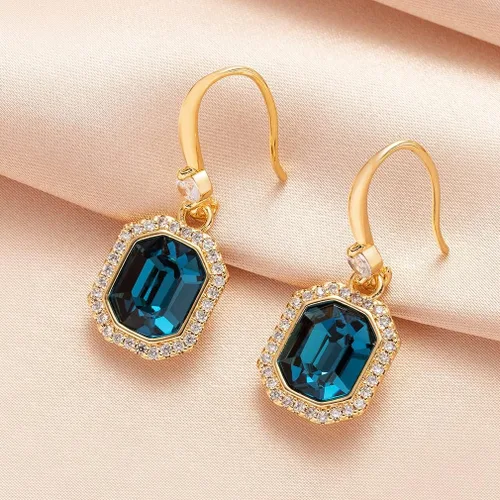 Vista 7 de Aretes colgantes octagonales con halo de cristal austriaco para mujer, chapados en oro rosa de 14 quilates, joyería hipoalergénica, regalos