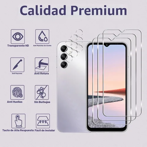 Vista 2 de Paquete de 3 + 3 protectores de pantalla para Galaxy A14 5G + protector de lente de cámara, dureza 9H, resistente a los arañazos, fácil instalación