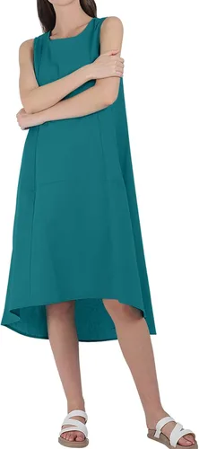 Vista 5 de utcoco Vestido casual de lino y algodón para mujer, cuello redondo, sin mangas, vestido midi para mujer