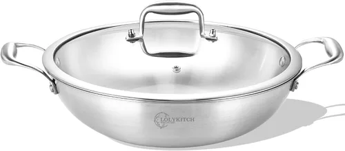 Vista 9 de LOLYKITCH Wok de acero inoxidable de tres capas de 10 pulgadas con tapa, olla de cocción de inducción de 2.5 cuartos de galón, apta