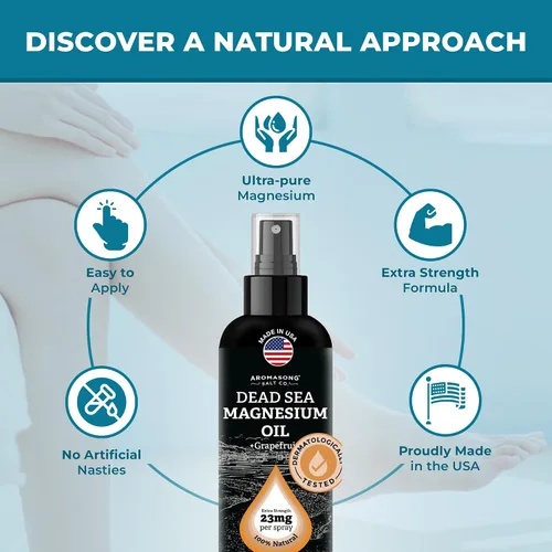 Vista 4 de Aromasong Spray de Magnesio Pomelo - Fuerza Extra (23 mg en cada pulverización) 8 Oz - Aceite de magnesio natural y puro en spray - Fabricado