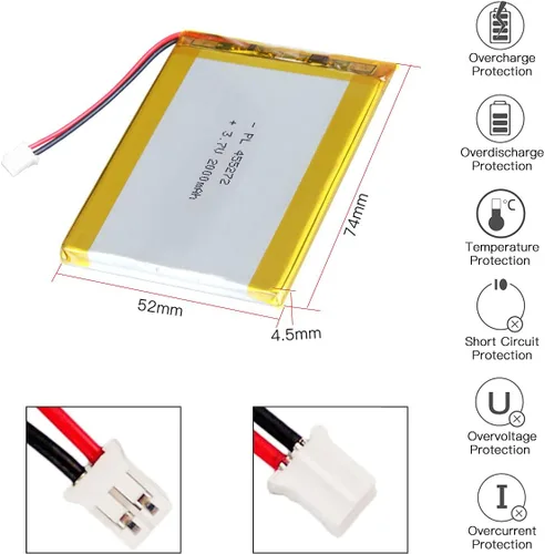 Vista 2 de 3.7V 2000mAh 455272 batería de iones de polímero de litio recargable Li-ion Li-Po baterías con conector PH2.0.000 in