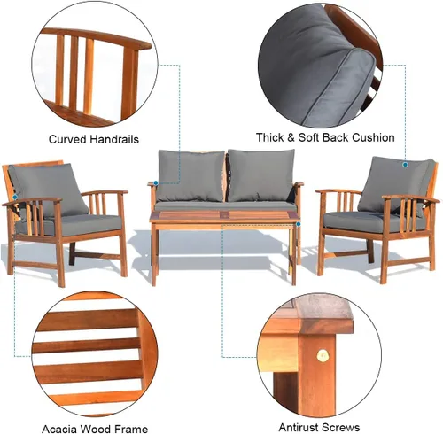 Vista 7 de Tangkula - Juego de muebles de madera de 4 piezas para patio o exteriores, banco, mesa y dos sillas, con cojines