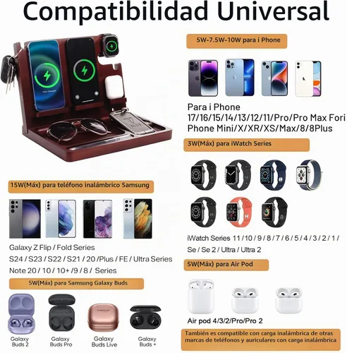 Vista 3 de Base de carga para teléfono de madera Xunhomon, estación de carga inalámbrica de 27W de carga rápida para 2 teléfonos para iOS/Android/iWatch/Air