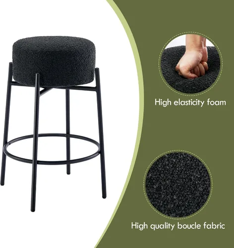Vista 4 de Juego de 2 taburetes de bar modernos de altura de mostrador, taburetes de bar giratorios negros Boucle para isla de cocina, cómodas sillas tapizadas