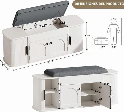 Vista 2 de Einhomn Banco de almacenamiento de zapatos de entrada con cojín, armario de 2-Blanco
