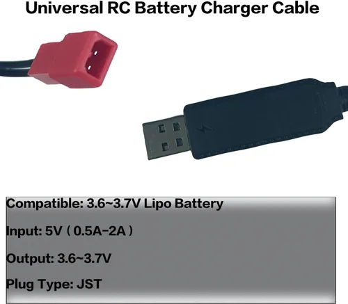 Vista 4 de Cable de carga USB de 3.7 V con enchufe JST de 2 pines compatible con automóvil RC, avión, tanque, barco y otros juguetes de control remoto