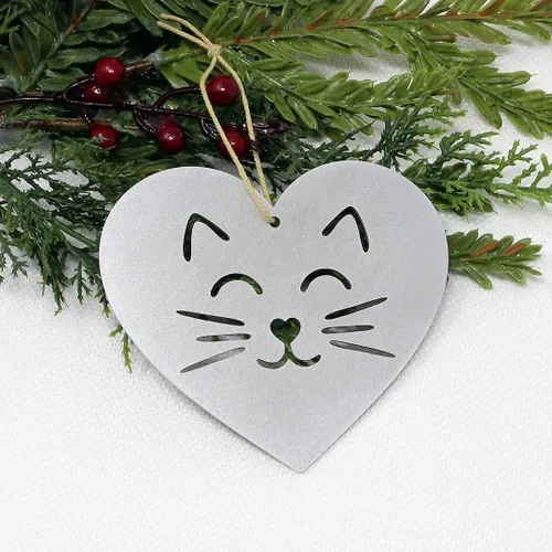 Vista 2 de Adorno de corazón de gato, regalo de Navidad para amantes de los gatos, decoración de fiesta de árbol de metal de aluminio