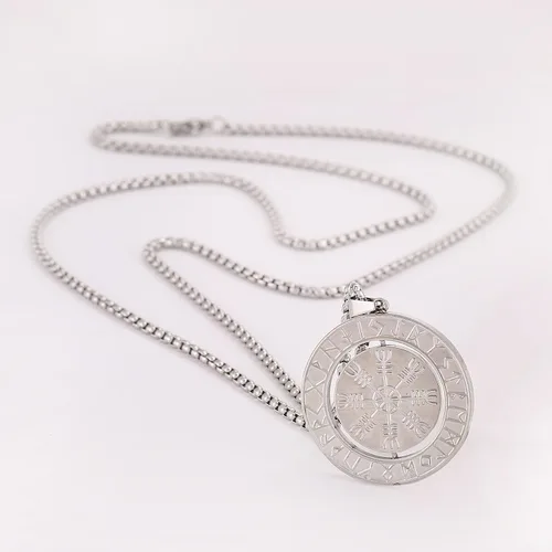 Vista 2 de Collar con colgante de amuleto nórdico de los vikingos nórdicos Vegvisir RUNE, collar de acero inoxidable con colgante extraíble joyería original
