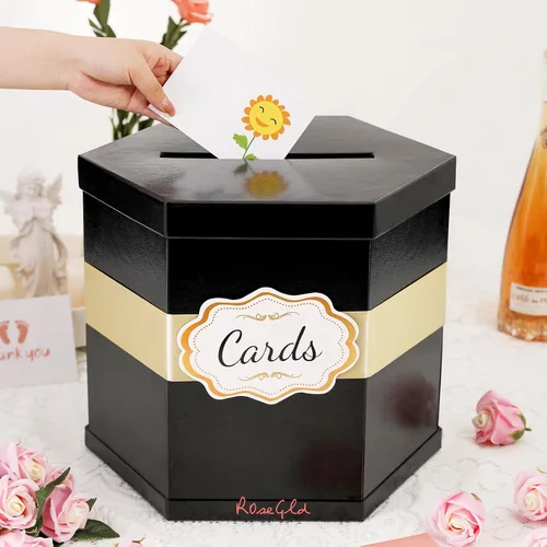 Vista 2 de ROSEGLD Caja de tarjetas, caja de recepción de tarjetas con cinta de 14 x 12 x 12 pulgadas, elegante soporte para tarjetas para bodas, graduaciones