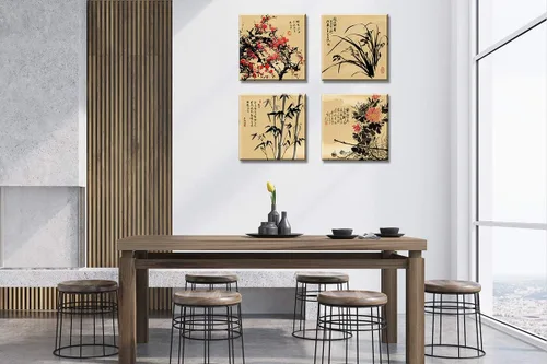 Vista 2 de JiazuGo Decoración asiática, pintura china, arte de pared oriental rojo ciruelo flor lienzo cuadros para dormitorio, decoración estética de pared