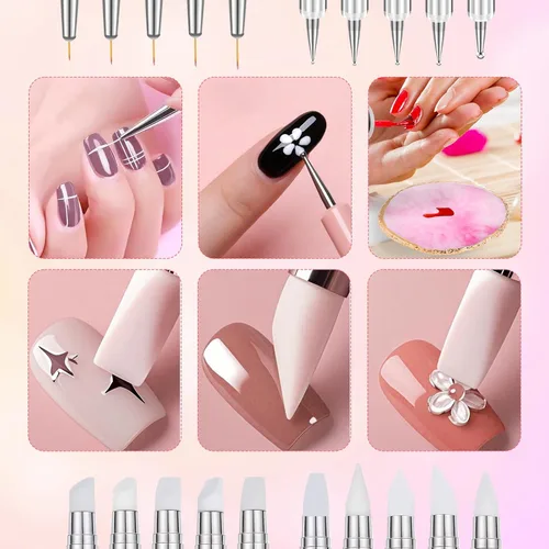 Vista 6 de BESARME 11 herramientas de arte de uñas, paleta de arte de uñas con 5 bolígrafos de escultura artística de uñas y bolígrafo de puntos de 2 vías