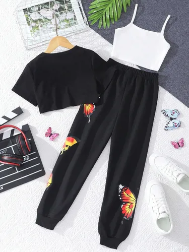 Vista 2 de SOLY HUX Camiseta de manga corta con estampado de mariposas y dobladillo alto y bajo, con pantalones deportivos, 3 piezas
