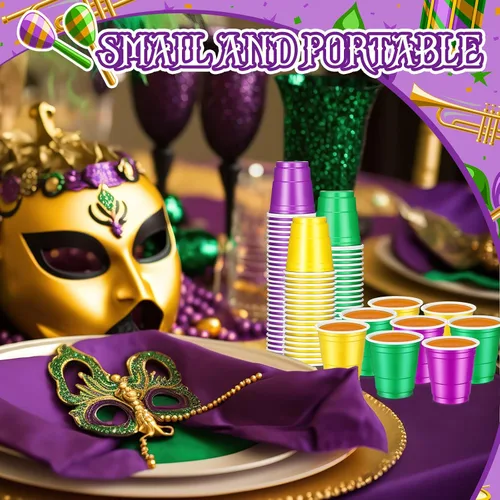 Vista 5 de Roshtia Paquete de 100 vasos desechables de 2 onzas, vasos de chupito de Mardi Gras, pequeños vasos de plástico para Navidad, fiesta de Año Nuevo