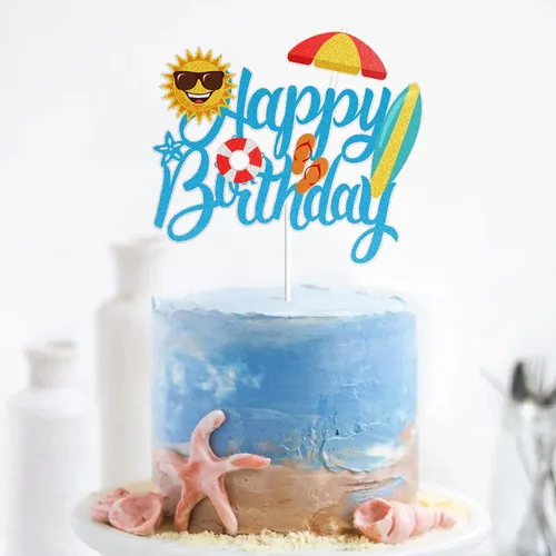 Vista 4 de LINGBOOM Summer Beach - Decoración para pastel de cumpleaños con purpurina azul, 4.2 x 5.9 in, multicolor