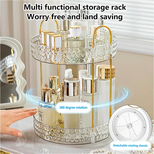 Vista 7 de Estante de almacenamiento acrílico giratorio de 360°, organizador de maquillaje de gran capacidad de 2 niveles para encimera de baño y tocador