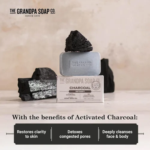 Vista 4 de The Grandpa Soap Company Jabón en barra de carbón – con semillas de cáñamo de carbón activado y aceite de menta, desintoxica, elimina la suciedad