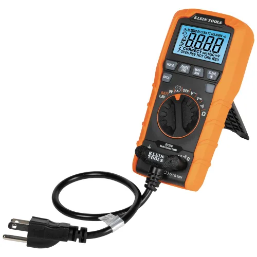 Vista 13 de Klein Tools ET270 Multímetro digital de rango automático, CA/CC, resistencia, continuidad, probador de receptáculo GFCI con cables de prueba y cable