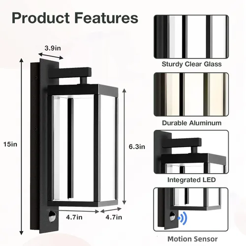 Vista 2 de Lámpara de pared para exteriores con sensor de movimiento, farol de montaje moderno, impermeable, con pantalla de vidrio transparente, lámparas