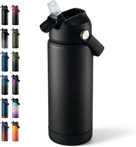 Vista 54 de Fijinhom Botella de agua aislada de 18 onzas con 2 tapas, botellas de agua de acero inoxidable, aspiradora de doble pared, mango portátil y parte