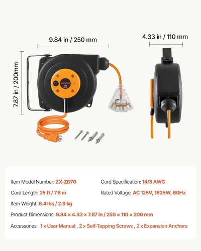 Vista 78 de VEVOR Carrete de cable de extensión retráctil de 25 pies resistente 14AWG Rojo