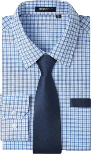 Vista 57 de HISDERN Mens Dress Shirt with Tie Pocket Square Set Classic Button Down Shirt Matching Tie Long Sleeve Shirts 08-verde