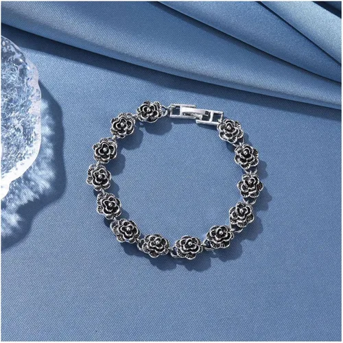 Vista 4 de Pulsera de flores de plata vintage para mujer, pulsera de flores de rosa, pulsera gótica de rosas para mujer