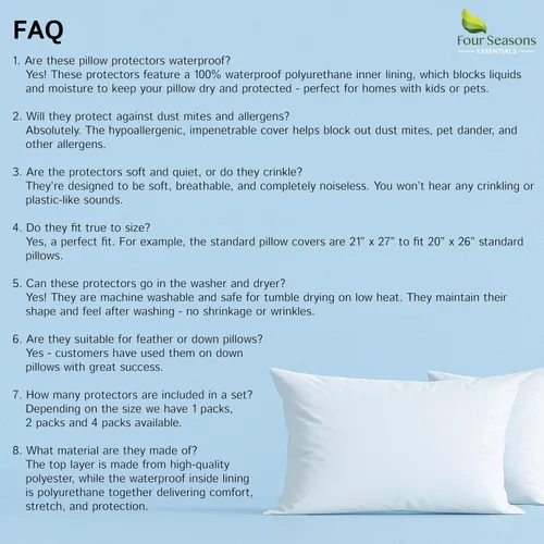 Vista 9 de Four Seasons Essentials Standard Pillow Protectors (Set of 2) – Zippered Waterproof Pillow Covers Hypoallergenic Dust Proof Pillowcase Encasement