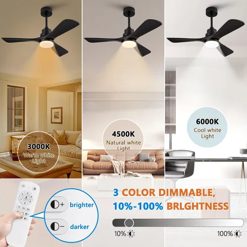 Vista 4 de Ventiladores de techo negros de 42 pulgadas con luces y control remoto, luz LED regulable, 3 cuchillas de madera, función de memoria, motor CC