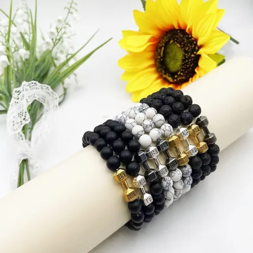 Vista 3 de Pulsera de mancuernas negra hecha a mano, para gimnasio, hermanos, fitness, piedra volcánica, piedra de lava volcánica, ajustable, pulsera