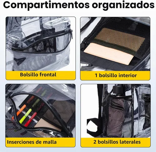 Vista 5 de Vorspack Mochila transparente para escuela, bolsa transparente resistente Negro