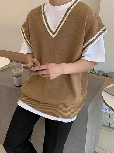 Vista 3 de GORGLITTER Chaleco de suéter sin mangas con cuello en V a rayas para hombre