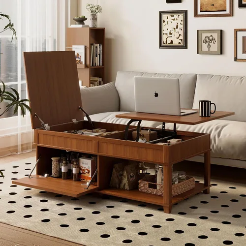 Vista 25 de Mesa auxiliar cuadrada de 31.52 pulgadas con almacenamiento, ratán natural y cuerda de cáñamo, función ajustable, mesa central vintage de granja