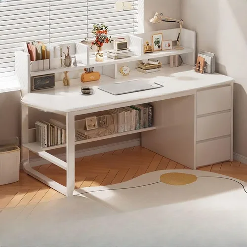 Vista 8 de Escritorio moderno con 3 cajones, mesa de estudio de computadora con gabinete para oficina en casa, estación de trabajo para espacios pequeños Gris