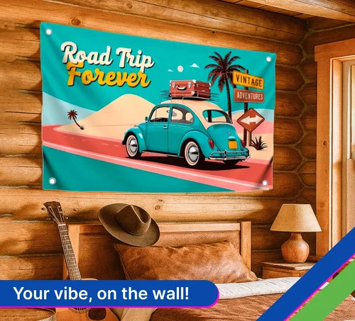 Vista 2 de Auto retro de 3 x 5 pies con cuatro ojales de latón – Cartel de viaje por carretera para decoración de pared – Bandera de carreras de poliéster