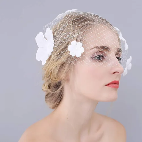 Vista 3 de Beaupretty Velo de malla para novia con flores, tocado de gasa para boda, velo corto, red de pelo de novia, tocado decorativo para fiesta de té