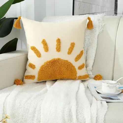 Vista 2 de Juego de 2 fundas de almohada bohemias de 18 x 18 pulgadas, fundas de almohada decorativas de sol con borlas, fundas de almohada modernas marroquíes