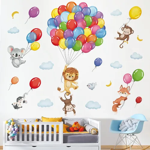 Vista 2 de decalmile Calcomanías de globos de animales del bosque, calcomanías de pared de mono, león y koala para bebé, guardería, dormitorio de niños