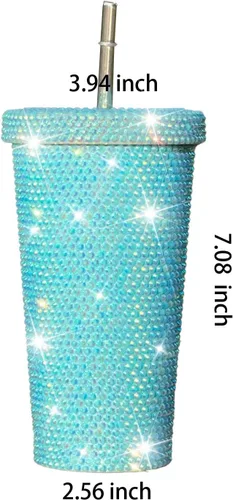Vista 7 de Tazas de café helado con purpurina de diamante, taza de agua azul brillante con tapa y popote para agua para mujer y niña, 2