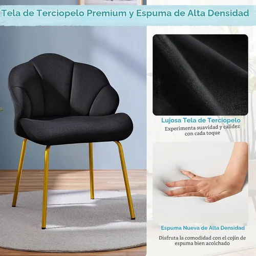 Vista 4 de Yaheetech Silla de tocador, silla decorativa de terciopelo con respaldo en forma de concha, sillón moderno con patas de metal dorado para Negro