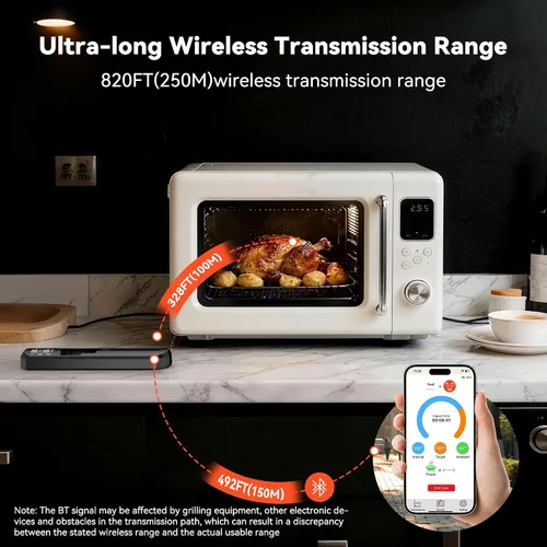 Vista 7 de TechRise Termómetro inalámbrico Bluetooth para carne con aplicación, termómetro digital inalámbrico para horno, ahumador, freidora de aire, cocina