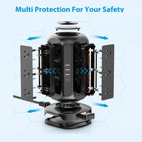 Vista 5 de Torre de tira de alimentación AOFO con protector contra sobretensiones, 12 tomas de CA con estación de carga de 4 USB (1 USB C) con protección