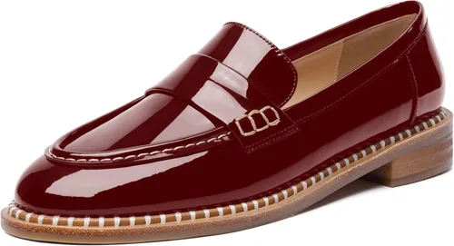Vista 8 de FOGEENA Mocasines de tacón bajo para mujer, estilo casual, puntera redonda, de charol grueso, de 1 pulgada