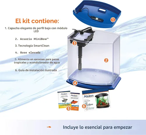 Vista 7 de Aqueon Kit de Acuario Pequeño LED MiniBow con Tecnología SmartClean, Azul, 1 Galón