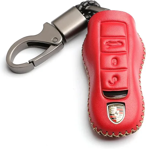 Vista 7 de Cuero para Porsche Cayenne Macan Cayman Boxster Panamera Carrera Remote 3 Botones Key Fob Case Cover Chain (negro)