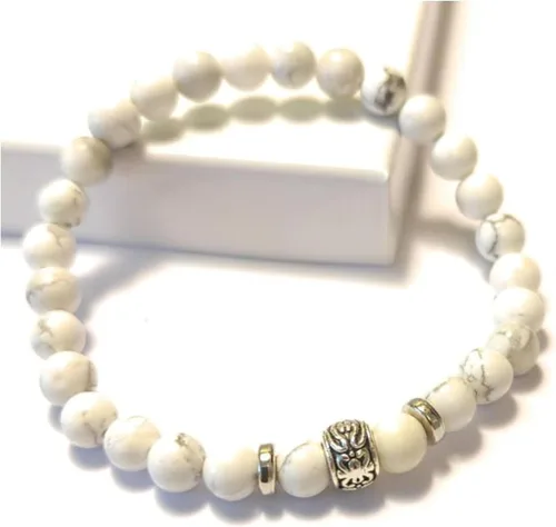 Vista 5 de White Howlite Stretch Bead Bracelet Serenity Charm Gemstone Jewelry Simple Minimalist Unisex One Size Gift