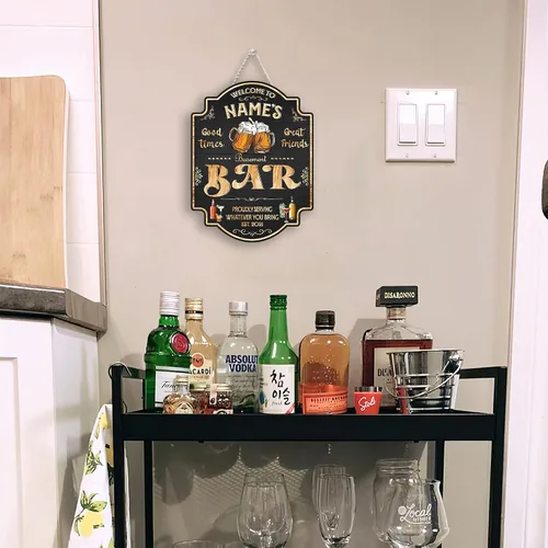 Vista 4 de Placa de pared personalizada con letrero de madera con texto en inglés "Welcome To Our Bar" (NO REAL CARVED), decoración de barra de sótano, sala