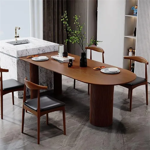 Vista 3 de LAKIQ Mesa de comedor creativa de forma irregular, mesa de cocina de isla de madera maciza, estilo nórdico moderno, mesa de comedor de cocina